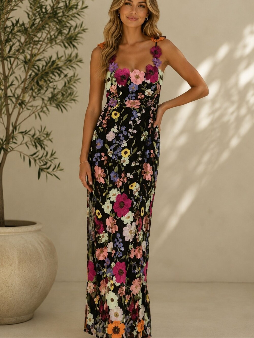 Dalia Black Maxi Dress with Multicolor Floral Embroidery